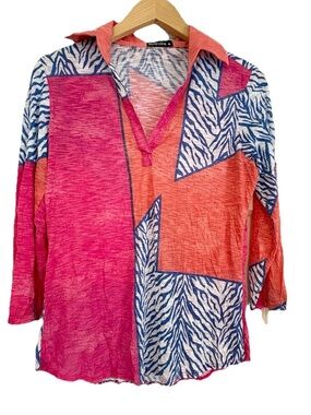 David Cline Vintage 80s Colorful Geometric Top. Early MTV Med. Orange Pink Blue